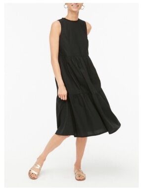 J Crew Black Sleeveless 100% Cotton Tiered Sleeveless Midi Dress Women’s US 6